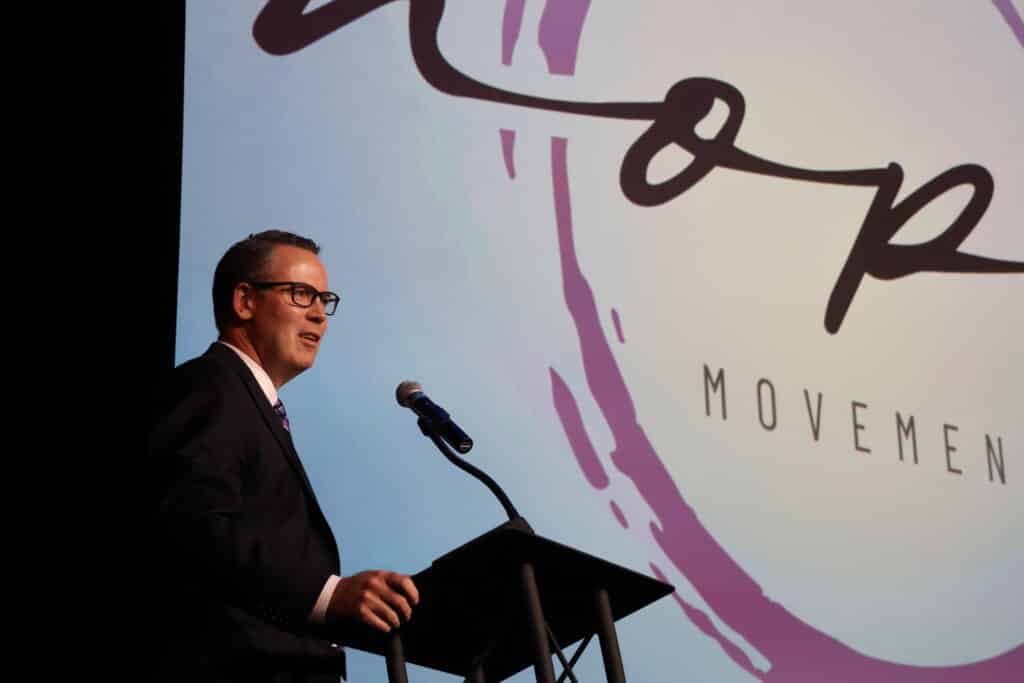 Creighton Drury, CEO of Partnership to End Addiction, speaks at the event.
